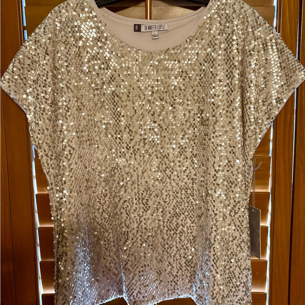 Jennifer Lopez Cream Gold Sequin Short Sleeve Tee